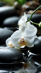 White orchid resting on black spa stones with water ripples. Ideal for use in wellness, skincare, and aromatherapy product visuals.
