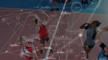 Teenage volleyball players leaping at net in gym showing sports analytics with graphics and data - Powered by Adobe