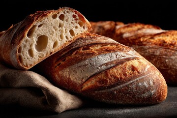 A close-up of artisan sourdough bread loaf, showcasing its crusty texture and porous interior, with a rustic cloth and a dark background, symbolizing natural baking.