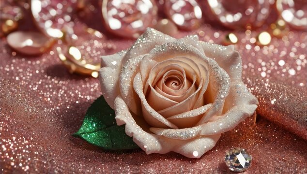rosas realistas com perola de diamante,  no canto esquerdo da tela, fundo glitter dourado, detalhes de GLITTER rosa
