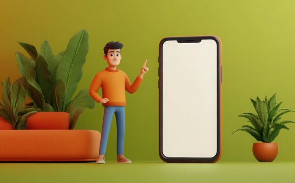 Cartoon man presents a large blank phone screen on a green background setting