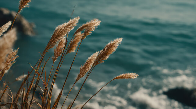Golden coastal grass swaying gently in the breeze with the turquoise ocean waters creating a peaceful and scenic seascape on a bright and sunny day outdoors.