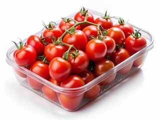 Fresh Red Grape Tomatoes in Plastic Tray on White Background - Stock Photo