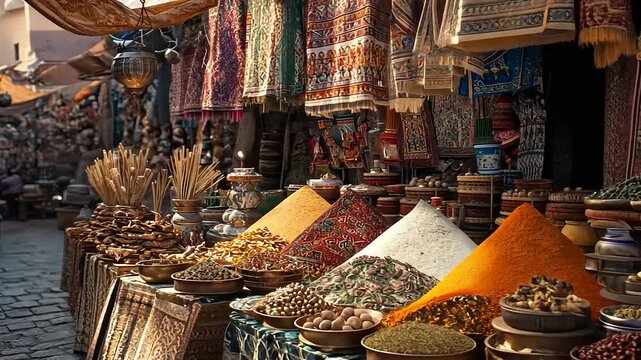 Vibrant market scene showcasing colorful spices, textiles, and traditional crafts in a bustling bazaar