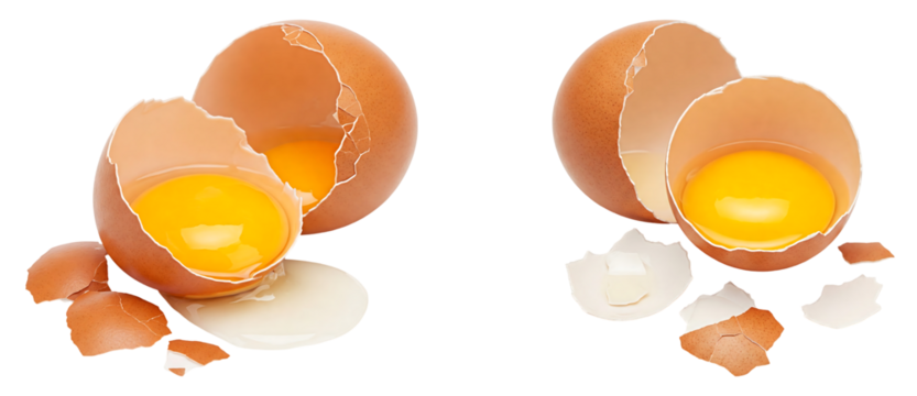 set of broken or cracked eggs with visible yolk isolated