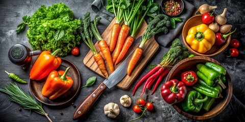 Fresh Vegetables and Kitchen Utensils on Black Counter