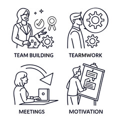 Workshop set of web icons in line style. Business Workshop icons for web and mobile app. Containing team building, teamwork, coaching, meeting, managing, coaching, motivation .