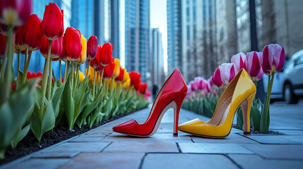 Designer heels arranged artfully on a modern walkway with tulips lining the path and high-rise buildings in soft focus 