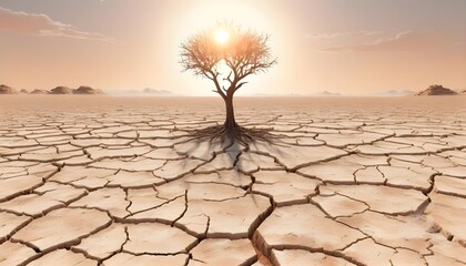 Fototapeta na wymiar Dry Tree on Cracked Soil Under Harsh Sun – Climate Drought Concept