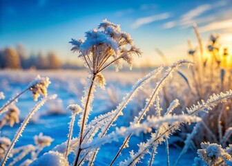 Naklejka premium Frozen Winter Meadow: Macro Ice Crystals on Dried Grass