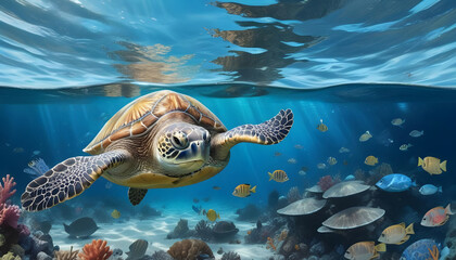 Obraz premium Sea Turtle Swimming in Plastic Waste – Ocean Pollution Crisis