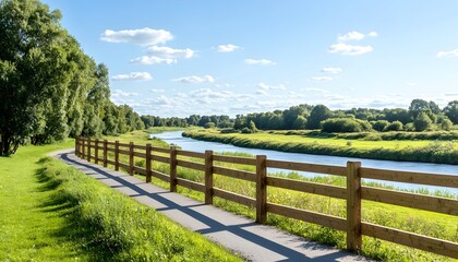 A paved pathway winds along a riverbank, bordered by a wooden fence and lush greenery under a bright blue sky