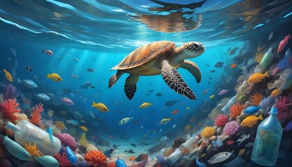 Sea Turtle Swimming in Plastic Waste &ndash; Ocean Pollution Crisis