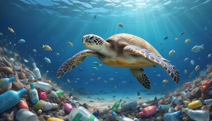 Obraz premium Sea Turtle Swimming in Plastic Waste – Ocean Pollution Crisis