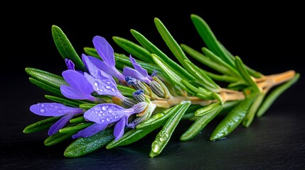 Fototapeta premium Sprig of rosemary with vibrant purple flowers and water droplets, set against a black background