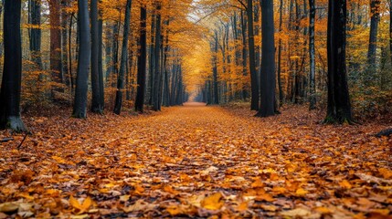 Obraz premium Autumnal Forest Path: A Serene Walk Through Golden Leaves