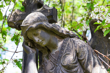 Historic Statue on the spring mystery old Prague Cemetery, Czech Republic 