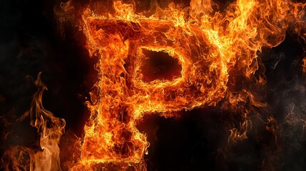 Fiery letter P ablaze against dark background, for design