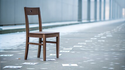Lonely wooden chair surrounded by scattered papers in a reflective outdoor setting with copy space
