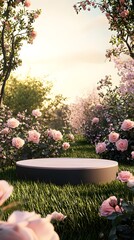 A serene sptime garden scene features a circular platform led amongst lush pink rose bushes and vibrant green grass under a warm sunset sky perfect for product display or