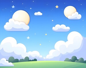 Fototapeta premium Cartoon night sky with two moons, white clouds, and stars over a green field