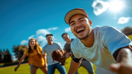 Fototapeta premium Friends enjoying a game of baseball park photography outdoor close-up laughter and joy