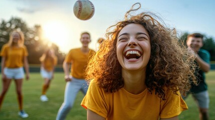 Fototapeta premium Friends laughing and playing baseball at sunset in a park joyful moment captured outdoors