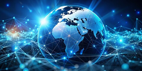 Fototapeta premium Futuristic Blue Globe Network: Global Technology Connection Bokeh Stock Photo
