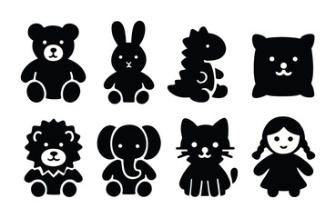 Cute animal toy silhouette icons set – solid style kids, playful, and soft toy symbols for child’s room: teddy bear, rabbit, dinosaur, dog, lion, elephant, cat, doll.