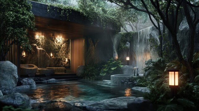 Serene outdoor onsen spa nestled in lush forest with waterfalls and stone baths.