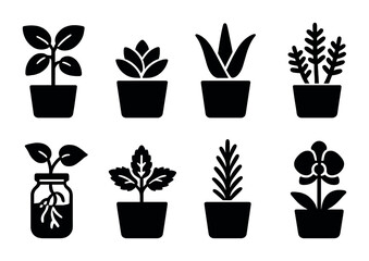 Botanical plant silhouette icons set &ndash; solid style nature, gardening, and greenery symbols for eco design: succulent, fern, aloe, orchid, sprout, potted plant