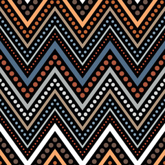 Seamless striped pattern with multicolored zigzag parallel lines on a black background. Simple and colorful design in a modern ethnic style. Abstract vector illustration.