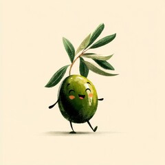 Happy green olive cartoon character with leaves on its head joyfully dancing on a light beige background. Soft lighting and painterly style.