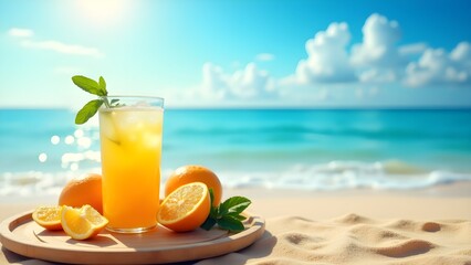 Refreshing Orange Juice on Sandy Beach with Ocean View