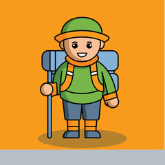 Cartoon vector illustration of a hiker kid who is excited for hiking or climbing the mountains
