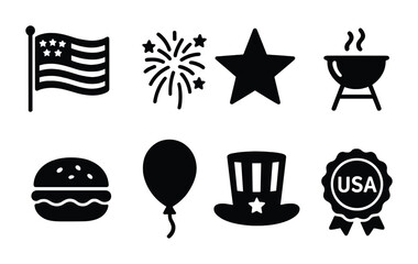 American independence day icon set – solid style patriotic, celebration, and 4th of july symbols: flag, fireworks, star, bbq, burger, balloon, uncle sam, usa badge
