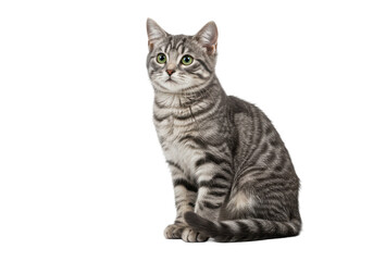 Obraz premium Silver tabby cat alert green eyes sitting posed on black curious gaze beautiful fur texture