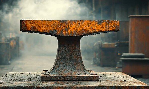 Rusty anvil in a smoky workshop, showcasing craftsmanship and industrial atmosphere