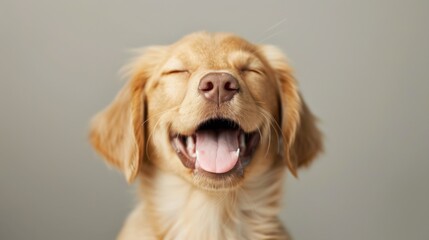 A happy golden retriever puppy with closed eyes and a wide grin, radiating joy and playfulness against a soft, neutral background.