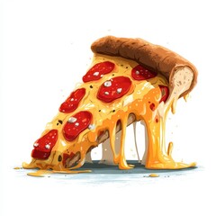 Close up of a pepperoni pizza slice with melted cheese dripping down, set against a white background. Pixel art style illustration.