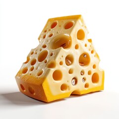 Pale Yellow Swiss Cheese Close Up with Numerous Holes on White Background