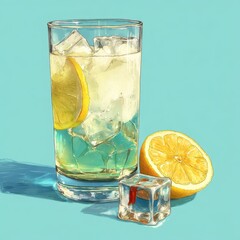 Refreshing lemonade in a tall glass with ice cubes and lemon slices. A single ice cube rests beside the glass on a light teal background. Pixel art style.