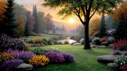 Serene sunset over tranquil stream, lush garden, and forest