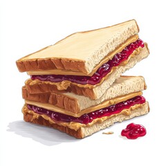 Two peanut butter and jelly sandwiches stacked on a white background. The sandwiches have a generous spread of both fillings, and a small amount of jelly is visible on the surface beneath.