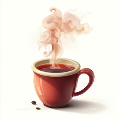 Steaming cup of coffee with coffee beans, on white background. Digital art, warm colors, whimsical style.