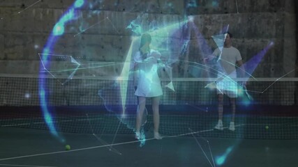 man and woman holding rackets on tennis court, with holographic globe showing technology - Powered by Adobe
