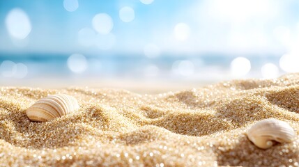Seashells on sandy beach with blurred ocean and sky