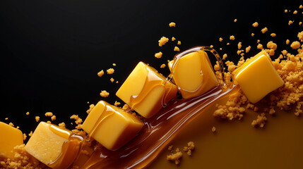 Sweet caramel cubes melting in chocolate syrup on a dark background  
