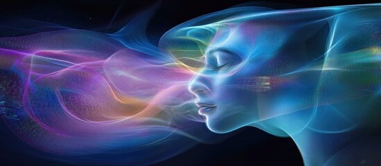 Obraz premium Serene female face emerging from colorful, ethereal smoke.