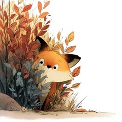 Curious fox peeking from behind autumn leaves. Soft lighting, muted warm colors, digital illustration style. The fox appears friendly and gentle.